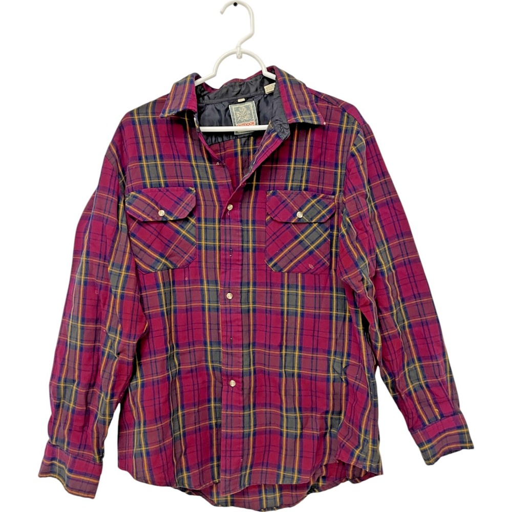 Vtg Men's‎ Flannel Button Up Shirt Red Plaid Long Sleeve Large Outdoor Exchange
